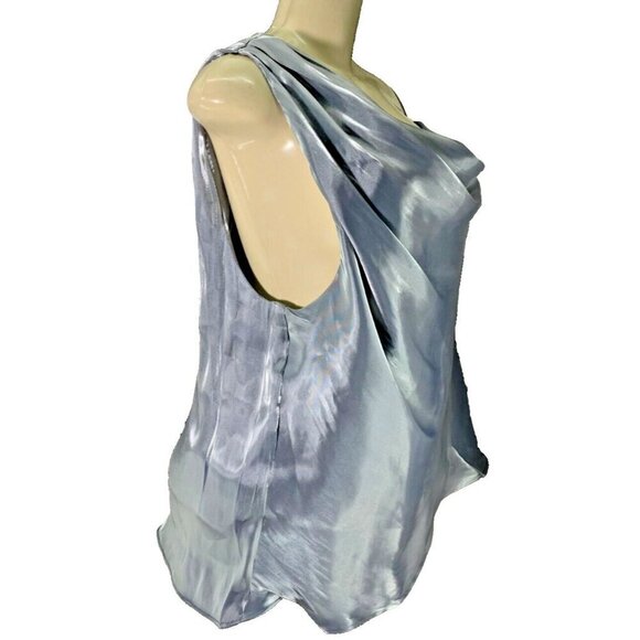 Free People XL Silver Metallic Shimmer Satin Lined Draped One Shoulder Blouse - Picture 3 of 7